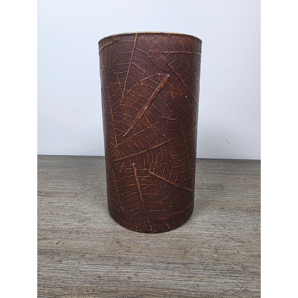 World Market Glass Cylinder Vase Brown Pressed Leaf Skeleton Vein 9"